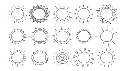 Sun cartoon doodle icons set. Hand drawn black line sunny symbols. Outline circle frames with sunbeams. Isolated vector illustration  