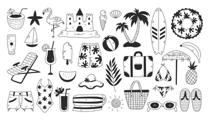 Summer Beach Doodle Elements Set. Summertime hand drawn outline icons collection. Relax rest vacation holidays concept design. Cartoon line style. Vector illustration