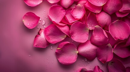 Obraz premium A pink backdrop adorned with a mass of petals, some boasting water droplets A solitary drop of water graces one side, while the opposite is crad
