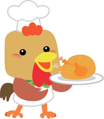 Rooster chef with dishes