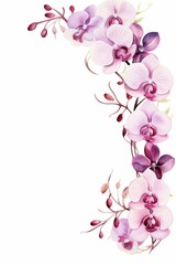 orchid themed frame or border for photos and text. featuring exotic blooms in purple and pink hues. watercolor illustration, Perfect for nursery art, simple clipart, single object, white background.