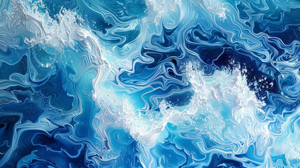 Colorful surreal depiction of abstract ocean waves in rich cobalt blue and white,