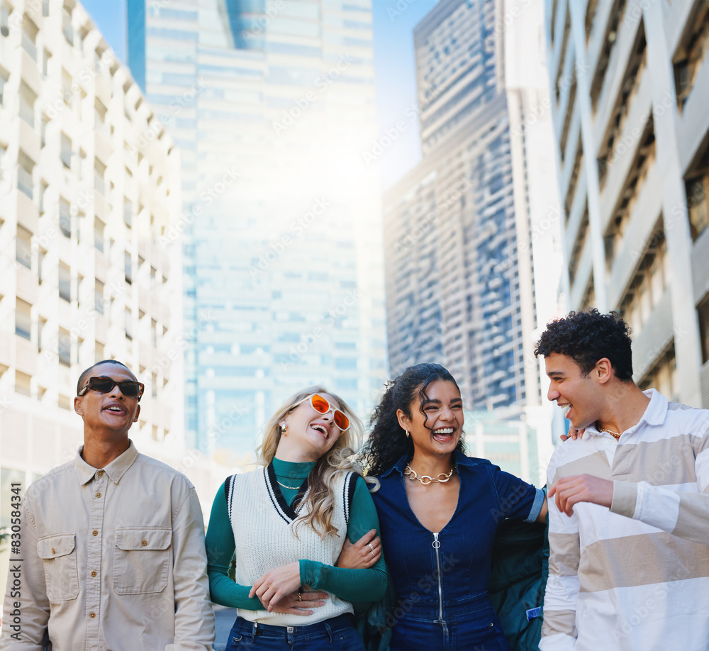 Poster Walking, fashion and friends in city, smile and conversation with fun, bonding together and trendy clothes. People, New York and students with casual outfit, funny and joke with break and urban town