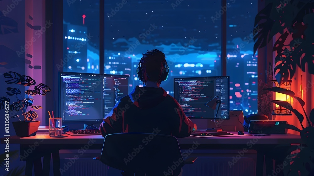 Poster coder working on startup website before deadline in nighttime city skyline