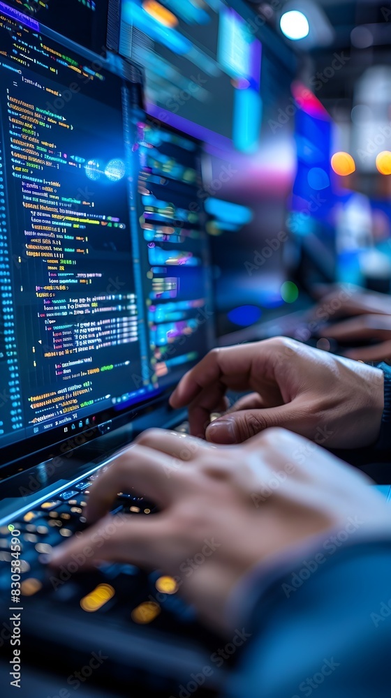Poster dedicated software developers meticulously reviewing and optimizing newly developed application for 