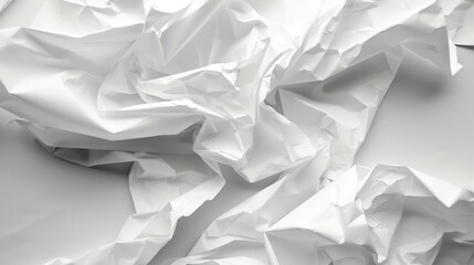 Obraz premium A black-and-white image of crumpled white papers piled on a white surface, overlain by another layer of similarly crumpled white papers in the same monochrome scheme