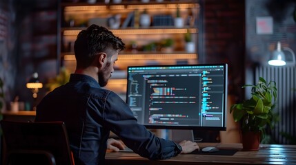 Focused Developer Automating Website Functionality with Scripts in Late Night Workspace