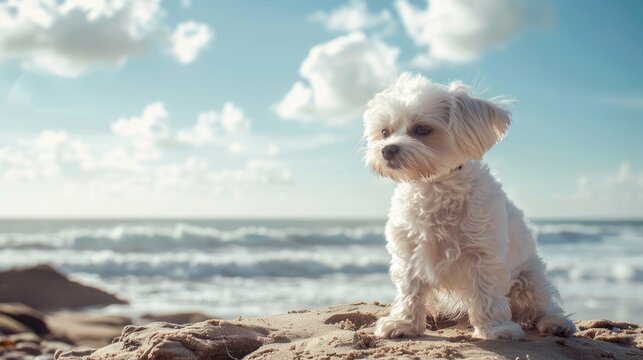 Adorable Maltese and Poodle crossbreed enjoying a day at the seaside