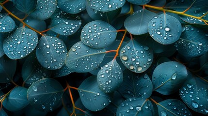 Eucalyptus leaves with water drops as a background for your design. view from above.