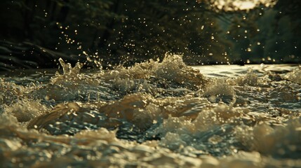 water splashes on rocks; sunlit tops reflect, bottoms hide in shadows