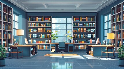 Generate an image of a clean, organized school library with minimal decor