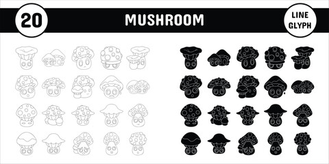 Mushroom Line Glyph Vector Illustration Icon Sticker Set Design Materials