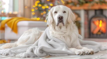 A white Labrador dog is laying on a blanket in front of a fireplace, cozy indoor background.