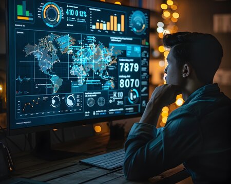 Social Media Trend Forecaster Analyzing Futuristic Digital Analytics Dashboard