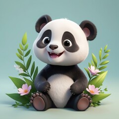 3D Cartoon, a cute Baby Panda laughing with little leaves and flowers