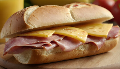 closeup of a ham and cheese sandwich