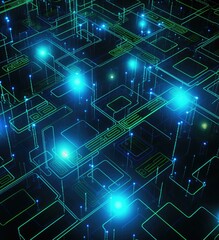 Obraz premium Glowing green and blue circuit board. AI.