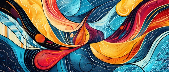 Bold and colorful wave patterns with intricate abstract shapes, creating a visually striking and energetic composition