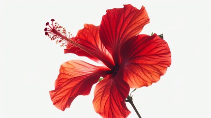 Bold hibiscus flower in vibrant red, floating on air, white background, highlighting its tropical and exotic charm