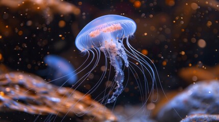 Fototapeta premium A tight shot of a jellyfish hovering above clear water, surrounded by bubbles at the surface and bottom