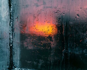 Raindrops on a window pane with a view of the sunset. AI.