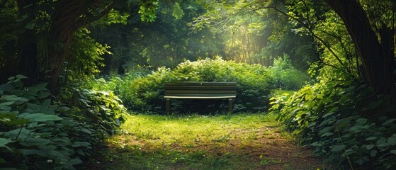 An empty park bench in a lush green garden, offering a peaceful retreat for quiet contemplation or reading - Powered by Adobe
