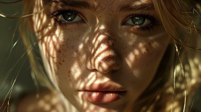 Close-up portrait of a young woman with freckles on her face. AI.