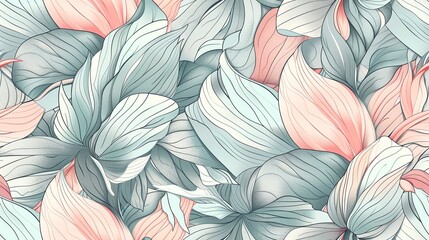 Hand-drawn pastel-colored seamless pattern of intertwined leaves and flowers, creating a natural and soothing look