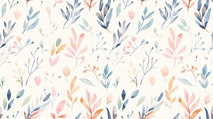 Hand-drawn seamless pattern of pastel-colored leaves and small flowers, creating a whimsical and fresh aesthetic
