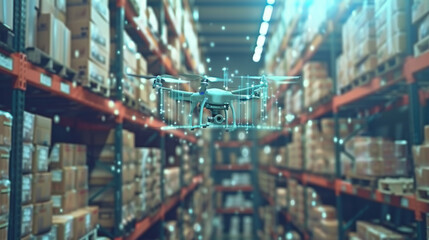 A drone flying through a warehouse, conducting inventory management with advanced scanning technology among shelves of stacked boxes.
