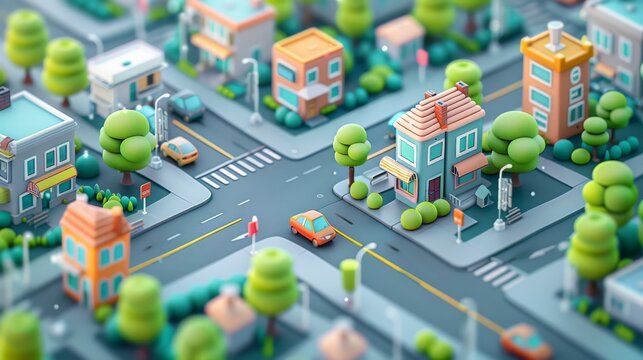 A 3D illustration of a city with colorful houses, trees, and cars. AI.