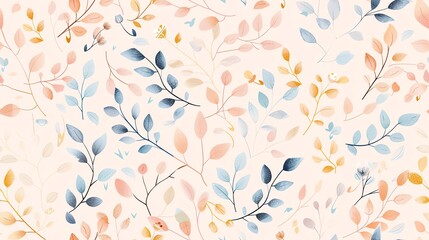 Pastel colors seamless pattern with hand-drawn floral elements, including leaves and branches, for a gentle and elegant style