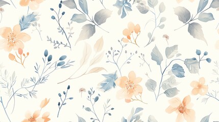 Pastel-colored seamless pattern with hand-drawn botanical elements, featuring leaves and flowers in a light and airy design