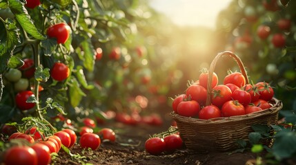 Wicker basket with ripe red tomatoes on the background of the field on a plantation