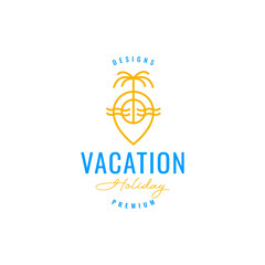 wave sunset beach vacation line logo design vector