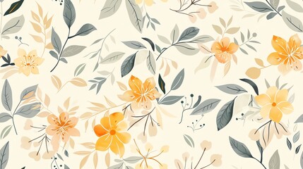 Soft pastel-colored seamless pattern with hand-drawn leaves and blooming flowers, showcasing a harmonious and tranquil design