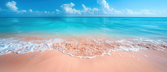 A serene beach scene with soft sand and clear blue water, providing a calming backdrop for inspirational quotes