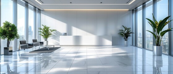 A sleek and modern office lobby with minimalist furniture and a large blank wall, offering a professional backdrop for corporate branding or messaging