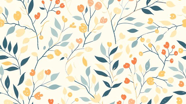Soft pastel seamless pattern with hand-drawn leafy branches and blossoms, evoking a sense of calm and beauty