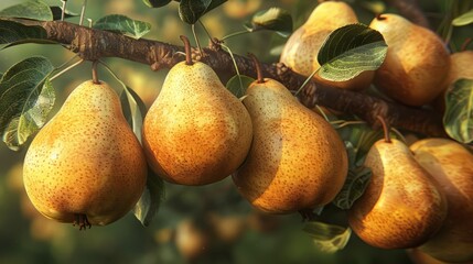 Fruit farm with pears. natural blurred background of pears orchard in golden hour. Concept: seasonal fruits and harvesting.