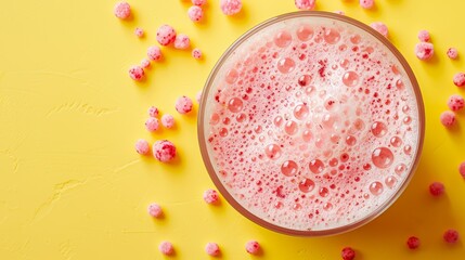  A glass holding a drink with a close-up view Yellow surface Pink and red food balls nearby Glass situated against yellow background