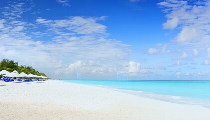 Fototapeta premium beautiful beach with white sand, clear blue water, and palm trees in the background. picturesque beach panorama, endless white sand, turquoise waves lapping the shore, beneath a vast blue sky