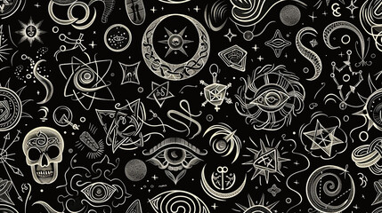 Seamless monochrome doodles of mystical symbols and occult icons,