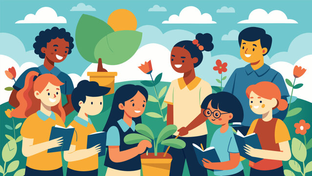 In the school garden students learn from each other in a peer learning workshop on gardening. They exchange knowledge on plant care and work together to create a beautiful and. Vector illustration