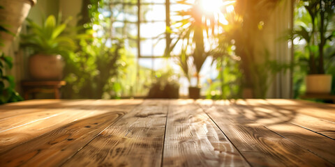 Fototapeta premium Sunlit Wooden Table in a Greenhouse with Lush Plants