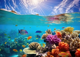 A beautiful underwater view of a coral reef with many colorful fish swimming around. AI.