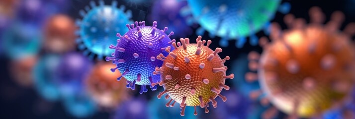 colored balls of viruses in close-up as a background. medical analysis, blood cells under a microscope. banner.