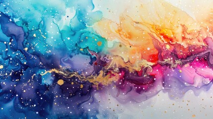 Vibrant Abstract Space Background on Watercolor Paper with Marbleized Ink Nebula and Hand Painted Cosmos and Stars