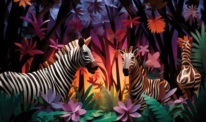Zebras in a jungle setting, made with paper cutouts. AI.