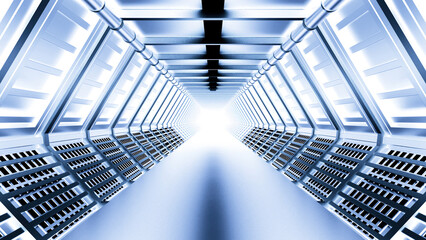 Spaceship or science lab animation. Design. Sci-Fi alien corridor with metallic glow.